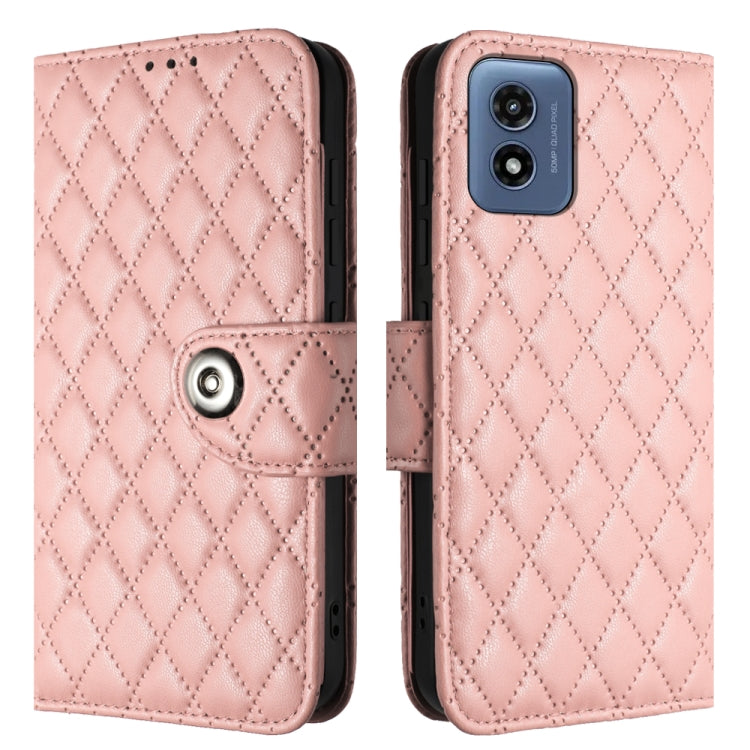 For Motorola Moto G Play 4G 2024 Rhombic Texture Flip Leather Phone Case with Lanyard(Coral Pink) - Motorola Cases by buy2fix | Online Shopping UK | buy2fix