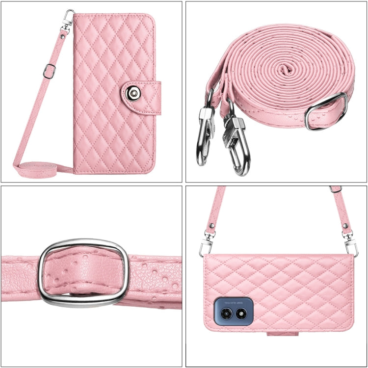 For Motorola Moto G Play 4G 2024 Rhombic Texture Flip Leather Phone Case with Long Lanyard(Pink) - Motorola Cases by buy2fix | Online Shopping UK | buy2fix