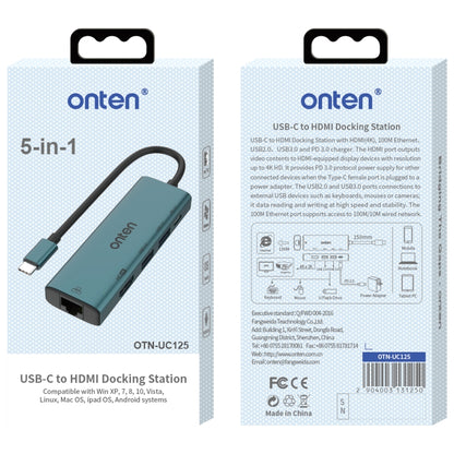 Onten UC125 5 in 1 USB-C / Type-C to HDMI+USB3.0+PD3.0 Multi-function HUB with 100Mbps Network Card - USB HUB by Onten | Online Shopping UK | buy2fix