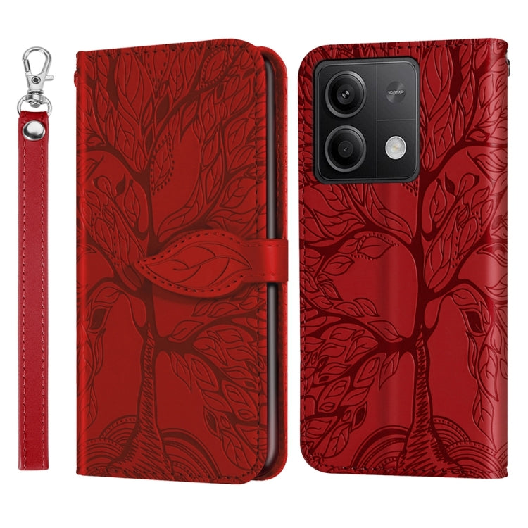 For Xiaomi Redmi Note 13 5G Life Tree Embossing Pattern Leather Phone Case(Red) - Note 13 Cases by buy2fix | Online Shopping UK | buy2fix