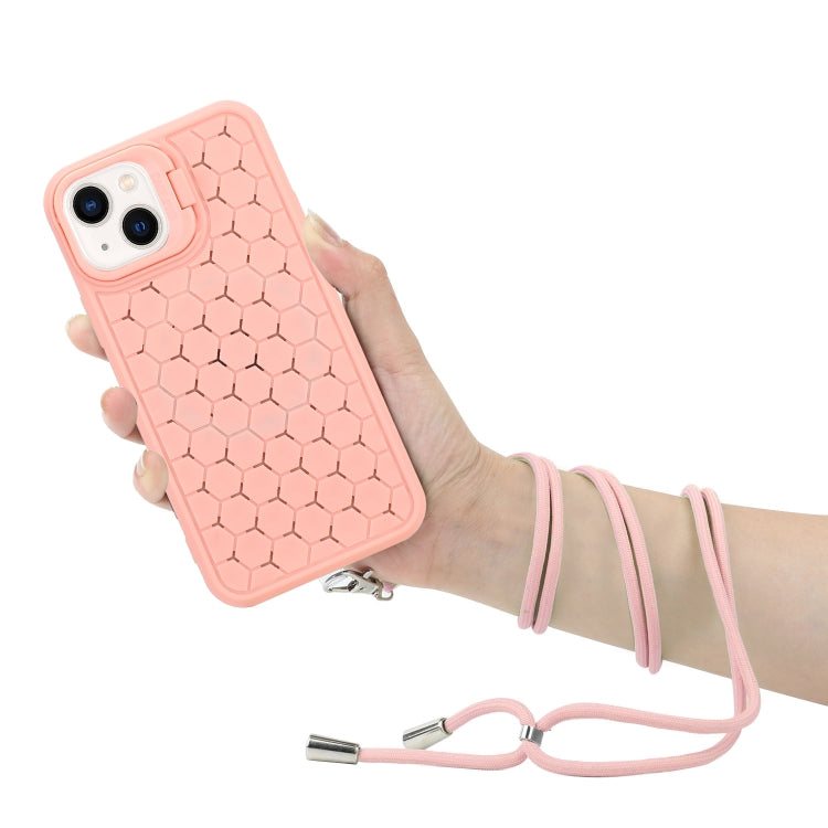 For iPhone 15 Plus Honeycomb Radiating Lens Holder Magsafe Phone Case with Lanyard(Pink) - iPhone 15 Plus Cases by buy2fix | Online Shopping UK | buy2fix