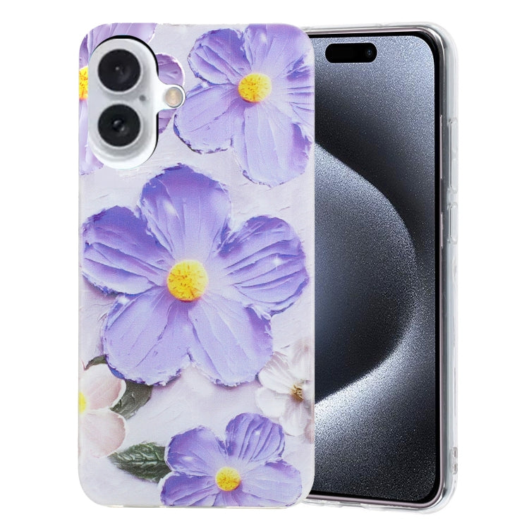 For iPhone 16 Plus Colorful Painting Pattern TPU Phone Case(Purple Flowers) - iPhone 16 Plus Cases by buy2fix | Online Shopping UK | buy2fix