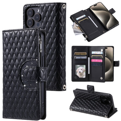 For iPhone 16 Pro Glitter Lattice Zipper Wallet Leather Phone Case(Black) - iPhone 16 Pro Cases by buy2fix | Online Shopping UK | buy2fix