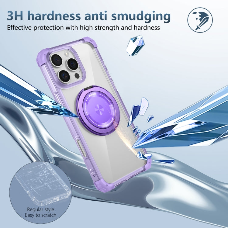 For iPhone 16 Pro Gold Shield CD Pattern MagSafe Magnetic Phone Case with Rotating Stand(Transparent Purple) - iPhone 16 Pro Cases by buy2fix | Online Shopping UK | buy2fix