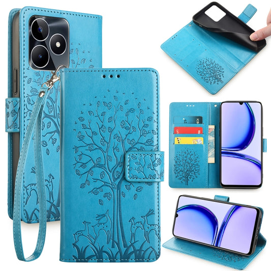 For Realme C53 4G / Narzo N53 4G Tree & Deer Embossed Leather Phone Case(Blue) - Realme Cases by buy2fix | Online Shopping UK | buy2fix