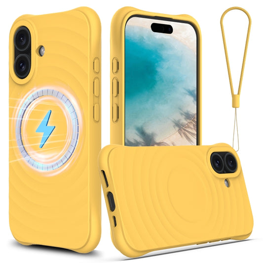 For iPhone 16 Wave Texture MagSafe Magnetic Liquid Silicone Phone Case(Yellow) - iPhone 16 Cases by buy2fix | Online Shopping UK | buy2fix