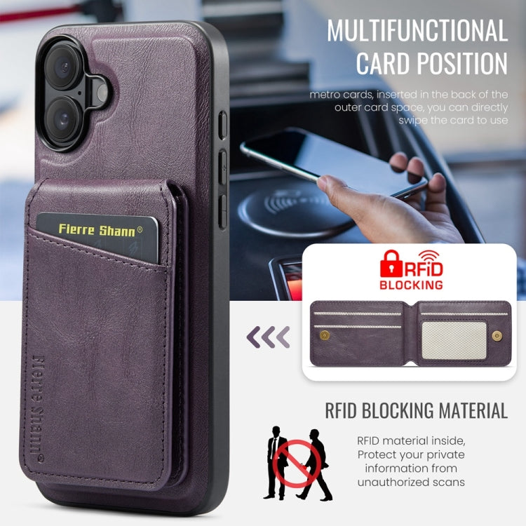 For iPhone 16 Fierre Shann Oil Wax Cow Leather Magnetic Card Holder Phone Case(Purple) - iPhone 16 Cases by FIERRE SHANN | Online Shopping UK | buy2fix