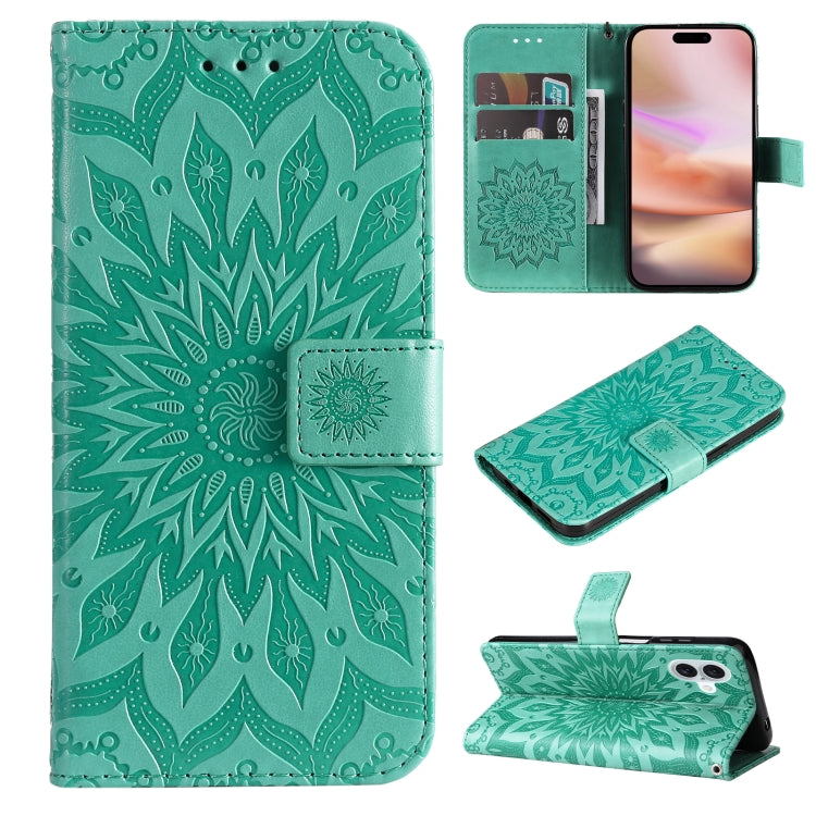 For iPhone 16 Plus Embossed Sunflower Pattern Flip Leather Phone Case(Green) - iPhone 16 Plus Cases by buy2fix | Online Shopping UK | buy2fix