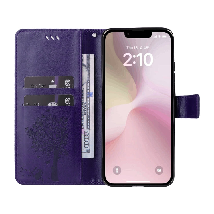 For iPhone SE 2024 Tree & Cat Embossed Pattern Flip Leather Phone Case(Purple) - More iPhone Cases by buy2fix | Online Shopping UK | buy2fix