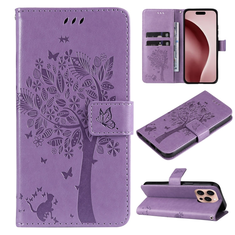 For iPhone 16 Pro Tree & Cat Embossed Pattern Flip Leather Phone Case(Light Purple) - iPhone 16 Pro Cases by buy2fix | Online Shopping UK | buy2fix