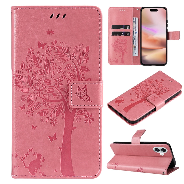 For iPhone 16 Plus Tree & Cat Embossed Pattern Flip Leather Phone Case(Pink) - iPhone 16 Plus Cases by buy2fix | Online Shopping UK | buy2fix