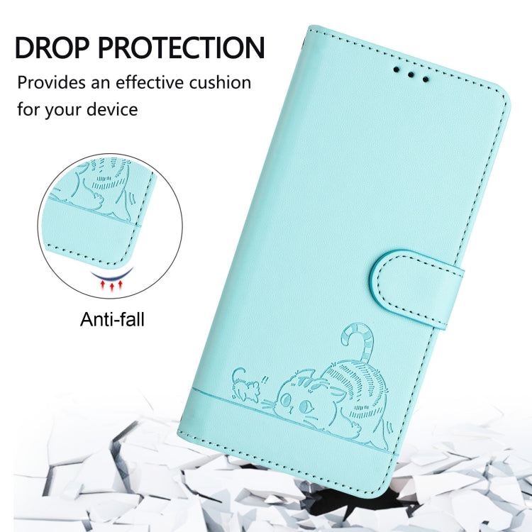 For vivo Y38 5G Cat Rat Embossed Pattern RFID Leather Phone Case with Lanyard(Mint Green) - vivo Cases by buy2fix | Online Shopping UK | buy2fix