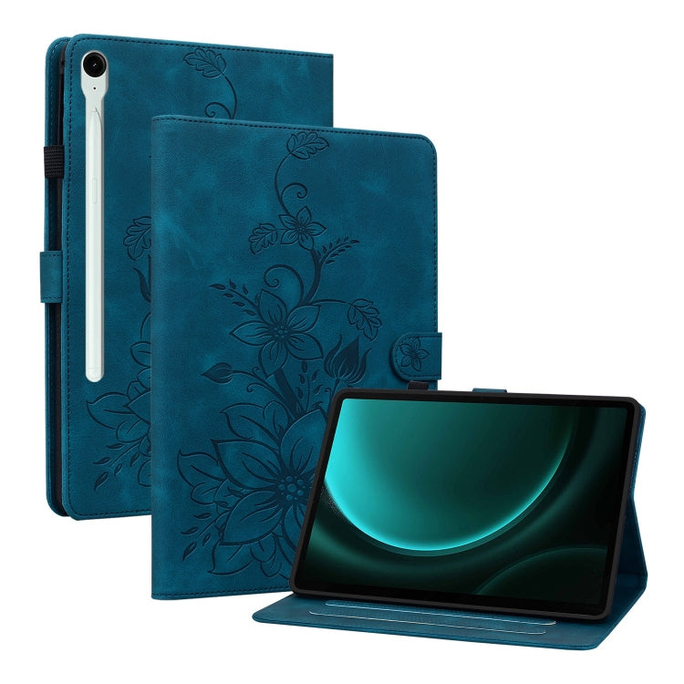 For Samsung Galaxy Tab S9 / S9 FE Lily Embossed Leather Tablet Case(Dark Blue) - Galaxy Tab S9 Cases by buy2fix | Online Shopping UK | buy2fix