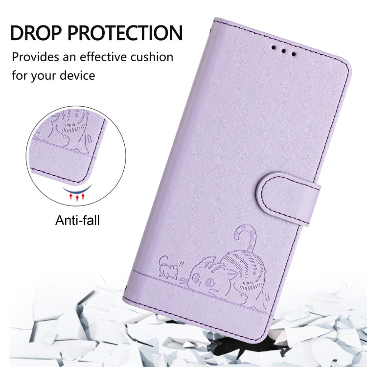 For Motorola Moto G 5G 2024 Global Cat Rat Embossed Pattern RFID Leather Phone Case with Lanyard(Purple) - Motorola Cases by buy2fix | Online Shopping UK | buy2fix