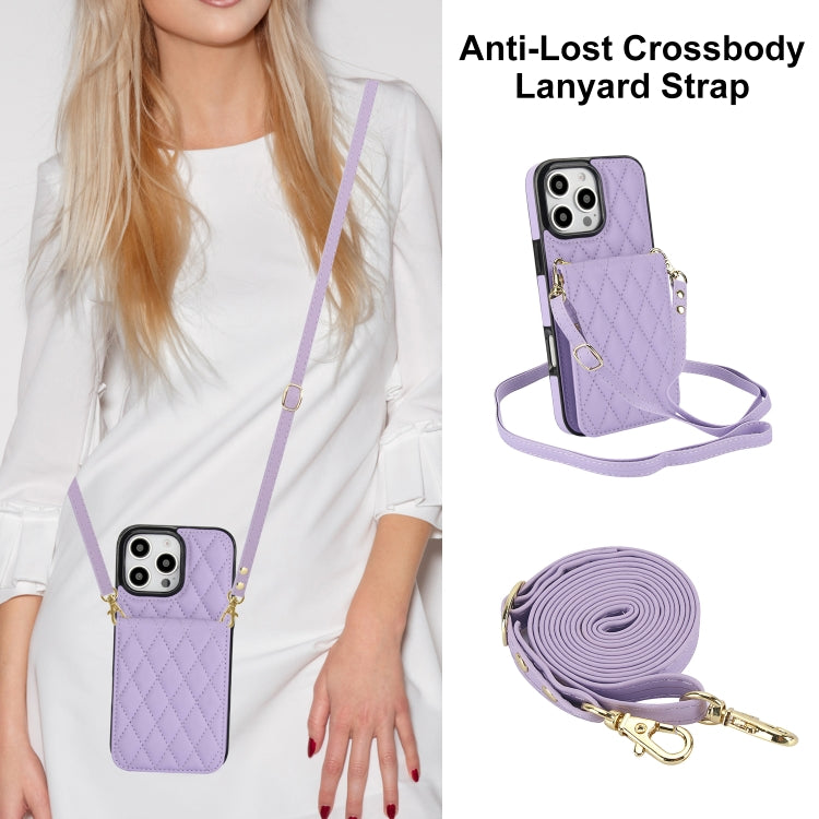 For iPhone 16 Pro Max YM015 Crossbody Rhombic Card Bag RFID Phone Case(Light Purple) - iPhone 16 Pro Max Cases by buy2fix | Online Shopping UK | buy2fix