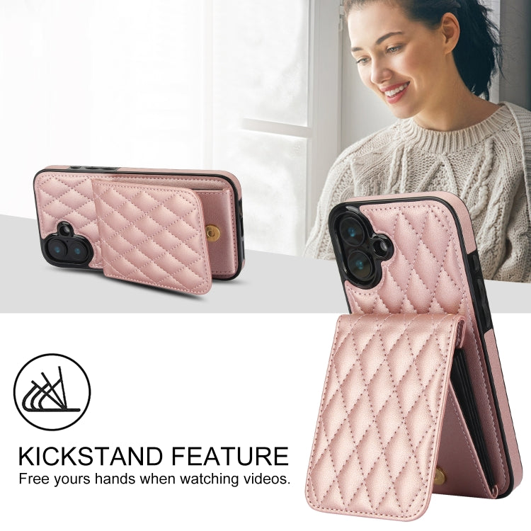 For iPhone 16 Plus YM015 Crossbody Rhombic Card Bag RFID Phone Case(Rose Gold) - iPhone 16 Plus Cases by buy2fix | Online Shopping UK | buy2fix