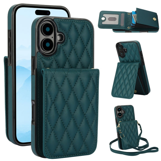 For iPhone 16 YM015 Crossbody Rhombic Card Bag RFID Phone Case(Green) - iPhone 16 Cases by buy2fix | Online Shopping UK | buy2fix