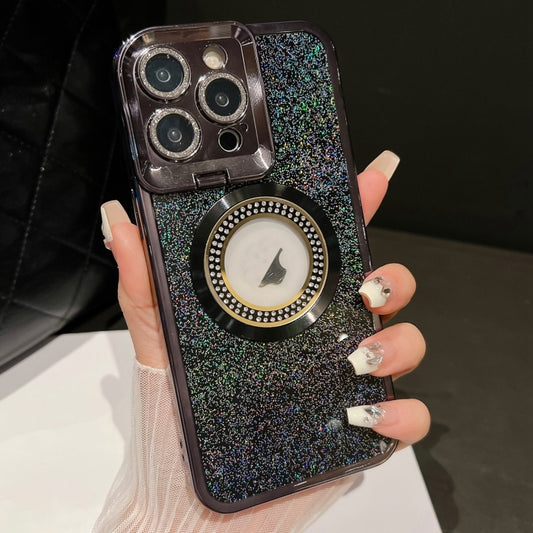 For iPhone 14 Pro Max Starry Glitter MagSafe Lens Holder Phone Case(Black) - iPhone 14 Pro Max Cases by buy2fix | Online Shopping UK | buy2fix