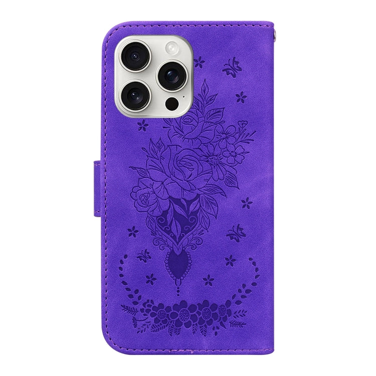 For iPhone 16 Pro Butterfly Rose Embossed Leather Phone Case(Purple) - iPhone 16 Pro Cases by buy2fix | Online Shopping UK | buy2fix