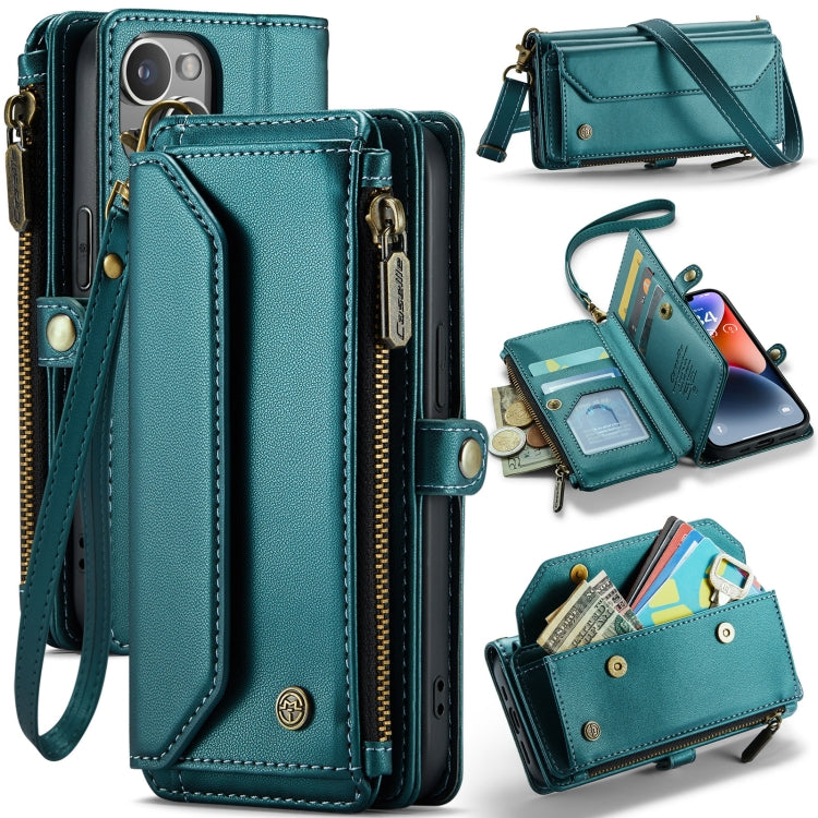 For iPhone 14 CaseMe C36 Card Slots Zipper Wallet RFID Anti-theft Leather Phone Case(Blue-green) - iPhone 14 Cases by CaseMe | Online Shopping UK | buy2fix