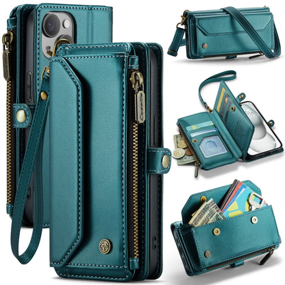 For iPhone 15 CaseMe C36 Card Slots Zipper Wallet RFID Anti-theft Leather Phone Case(Blue-green) - iPhone 15 Cases by CaseMe | Online Shopping UK | buy2fix