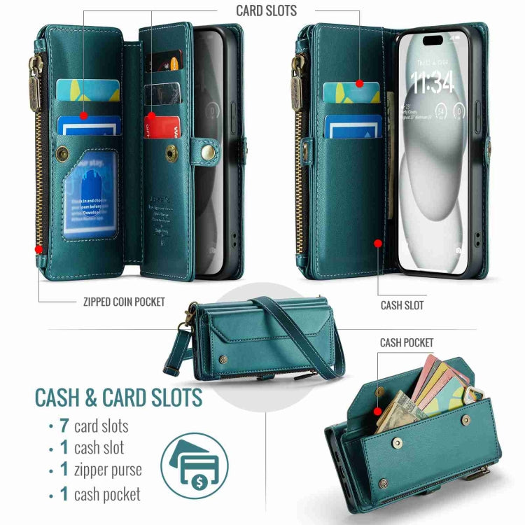 For iPhone 15 CaseMe C36 Card Slots Zipper Wallet RFID Anti-theft Leather Phone Case(Blue-green) - iPhone 15 Cases by CaseMe | Online Shopping UK | buy2fix