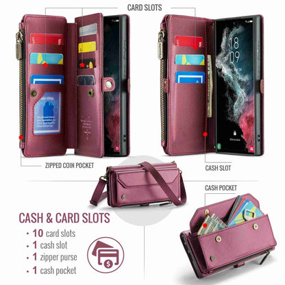 For Samsung Galaxy S22 Ultra 5G CaseMe C36 Card Slots Zipper Wallet RFID Anti-theft Leather Phone Case(Wine Red) - Galaxy S22 Ultra 5G Cases by CaseMe | Online Shopping UK | buy2fix