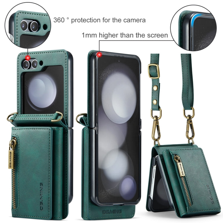 For Samsung Galaxy Z Flip5 5G DG.MING M5 Series Zip RFID Multi Card Detachable Leather Phone Case with Long Lanyard(Green) - Galaxy Z Flip5 Cases by DG.MING | Online Shopping UK | buy2fix