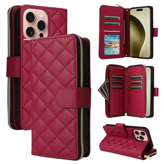 For iPhone 16 Pro Crossbody Rhombic Zipper Tower Buckle Leather Phone Case with Lanyard(Wine Red) - iPhone 16 Pro Cases by buy2fix | Online Shopping UK | buy2fix