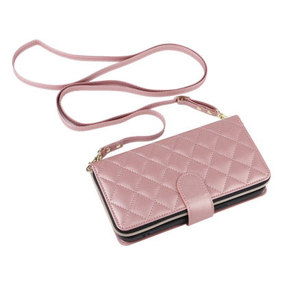 For iPhone 16 Pro Crossbody Rhombic Zipper Tower Buckle Leather Phone Case with Lanyard(Rose Gold) - iPhone 16 Pro Cases by buy2fix | Online Shopping UK | buy2fix