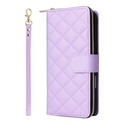 For iPhone 16 Crossbody Rhombic Zipper Tower Buckle Leather Phone Case with Lanyard(Purple) - iPhone 16 Cases by buy2fix | Online Shopping UK | buy2fix