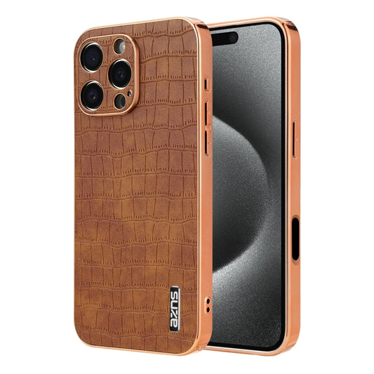 For iPhone 16 Pro Max AZNS Electroplated Frame Crocodile Texture Full Coverage Phone Case(Brown) - iPhone 16 Pro Max Cases by AZNS | Online Shopping UK | buy2fix