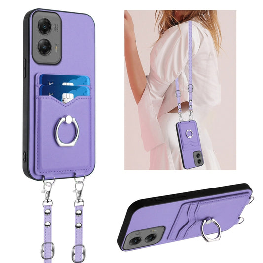 For Motorola Moto G Stylus 5G 2024 R20 Crossbody Rope Ring Card Holder Phone Case(Purple) - Motorola Cases by buy2fix | Online Shopping UK | buy2fix