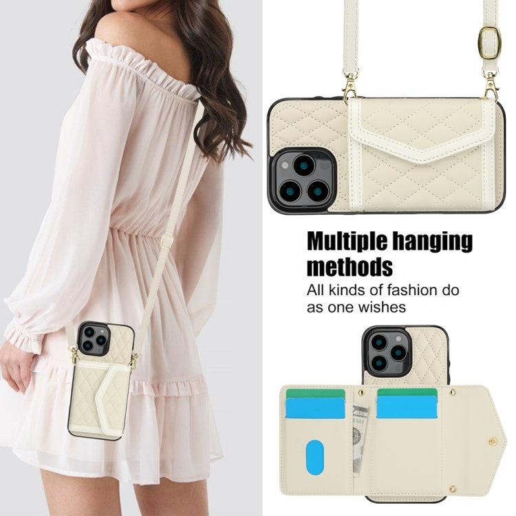 For iPhone 16 Pro Splicing Rhombic Texture Card Bag Phone Case with Long Lanyard(Beige) - iPhone 16 Pro Cases by buy2fix | Online Shopping UK | buy2fix