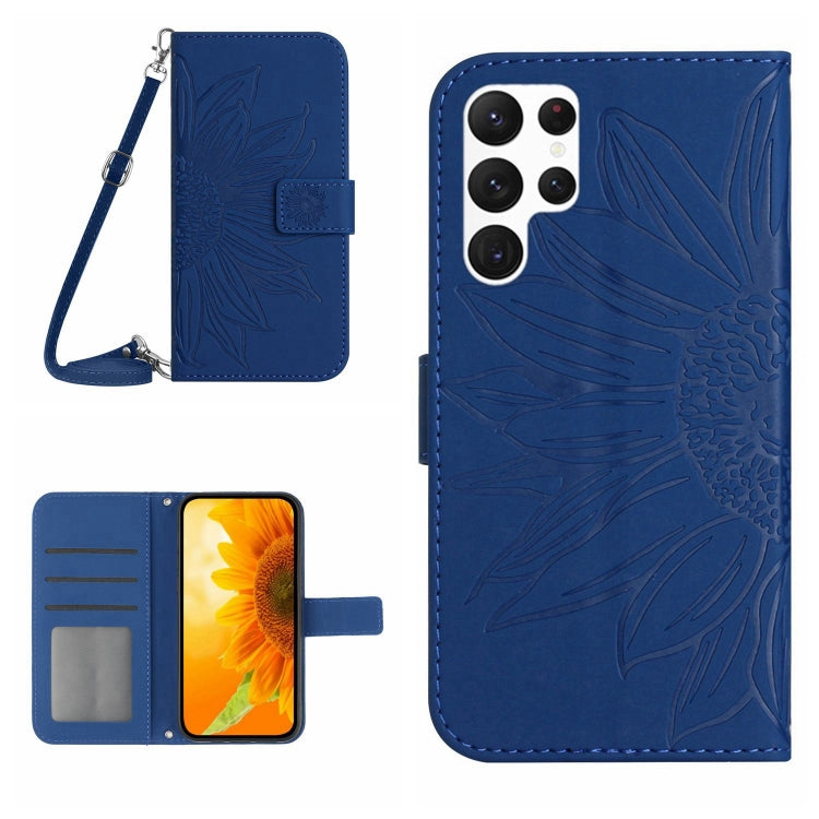 For Samsung Galaxy S25 Ultra 5G Skin Feel Sun Flower Embossed Flip Leather Phone Case with Lanyard(Dark Blue) - Galaxy S25 Ultra 5G Cases by buy2fix | Online Shopping UK | buy2fix