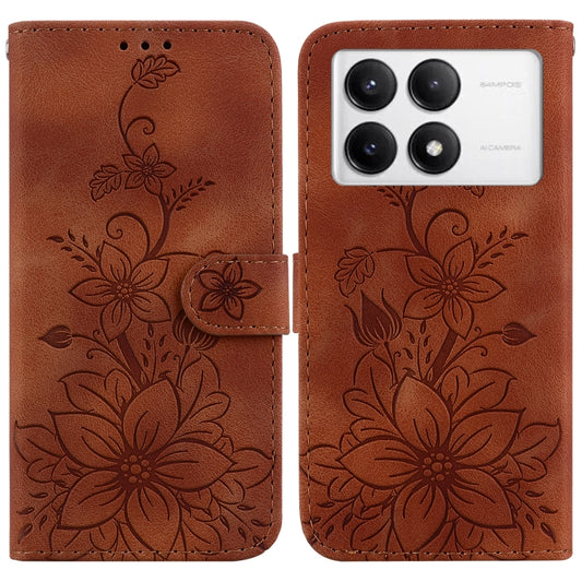 For Xiaomi Redmi K70 / K70 Pro Lily Embossed Leather Phone Case(Brown) - K70 Cases by buy2fix | Online Shopping UK | buy2fix