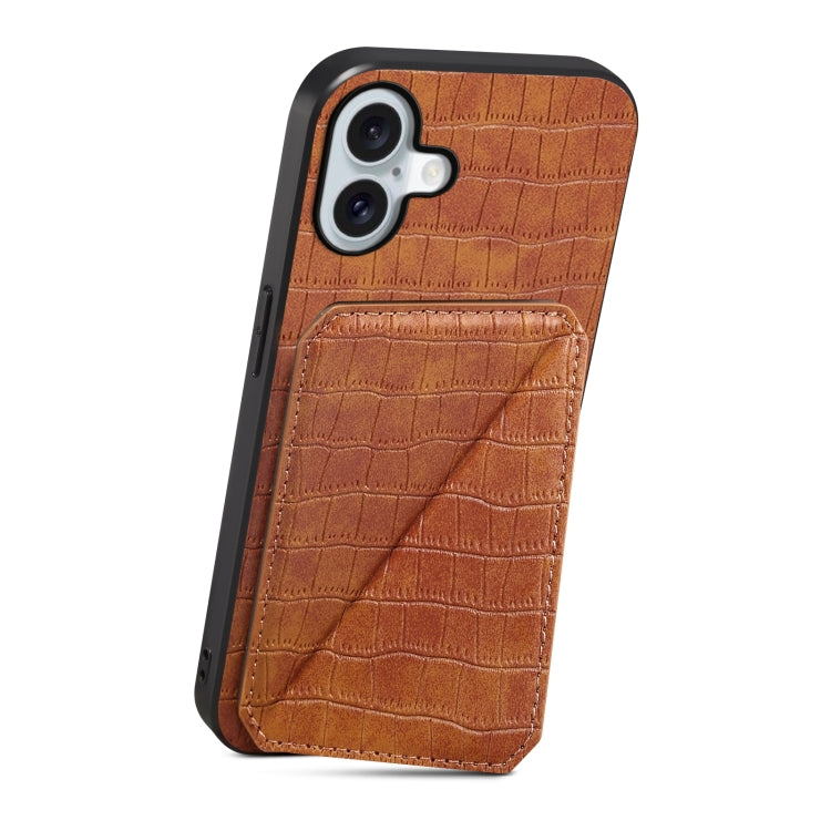 For iPhone 16 Imitation Crocodile Leather Back Phone Case with Holder(Brown) - iPhone 16 Cases by buy2fix | Online Shopping UK | buy2fix