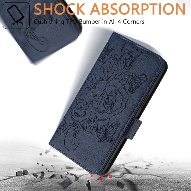 For iPhone SE 2024 Embossed Rose RFID Anti-theft Leather Phone Case(Dark Blue) - More iPhone Cases by buy2fix | Online Shopping UK | buy2fix