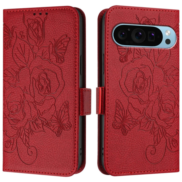 For Google Pixel 9 Pro XL Embossed Rose RFID Anti-theft Leather Phone Case(Red) - Google Cases by buy2fix | Online Shopping UK | buy2fix