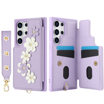 For Samsung Galaxy S25 Ultra 5G Crossbody Flower Pattern Leather Phone Case(Purple) - Galaxy S25 Ultra 5G Cases by buy2fix | Online Shopping UK | buy2fix