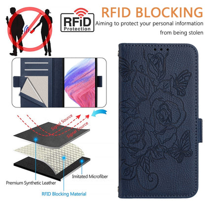 For Motorola Moto G Power 5G 2024 Embossed Rose RFID Anti-theft Leather Phone Case(Dark Blue) - Motorola Cases by buy2fix | Online Shopping UK | buy2fix