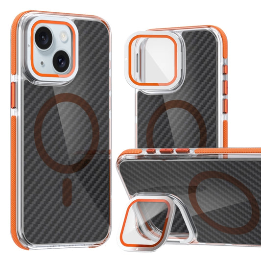 For iPhone 15 Plus Magsafe Dual-Color Carbon Fiber Lens Film Phone Case with Lens Fold Holder(Orange) - iPhone 15 Plus Cases by buy2fix | Online Shopping UK | buy2fix