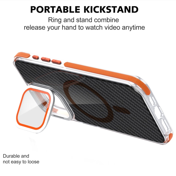 For iPhone 15 Plus Magsafe Dual-Color Carbon Fiber Lens Film Phone Case with Lens Fold Holder(Orange) - iPhone 15 Plus Cases by buy2fix | Online Shopping UK | buy2fix