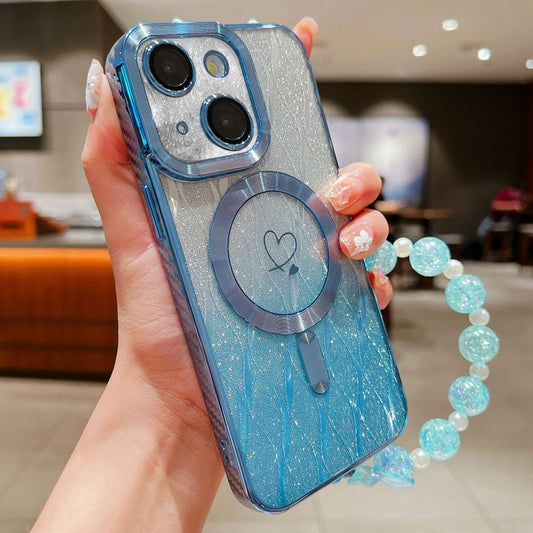 For iPhone 15 Plus Loves Leaves Gradient Glitter Bracelets Carbon Fiber Magsafe TPU Phone Case(Blue) - iPhone 15 Plus Cases by buy2fix | Online Shopping UK | buy2fix