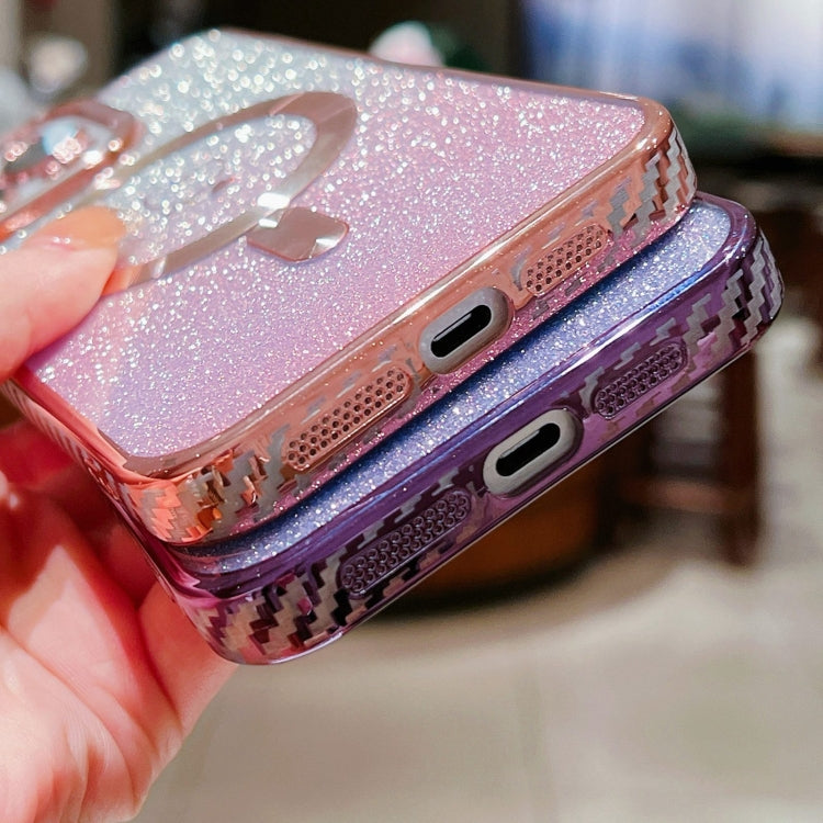 For iPhone 13 Pro Loves Gradient Glitter Carbon Fiber Magsafe TPU Phone Case(Purple) - iPhone 13 Pro Cases by buy2fix | Online Shopping UK | buy2fix