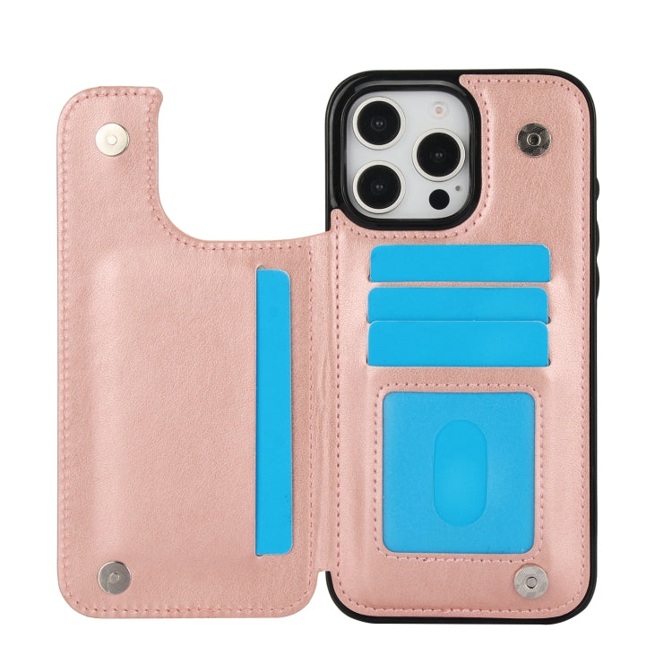 For iPhone 16 Pro Max Double Buckle Butterfly Embossing PU Phone Case(Rose Gold) - iPhone 16 Pro Max Cases by buy2fix | Online Shopping UK | buy2fix