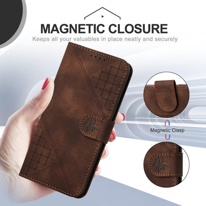 For iPhone 16 Plus YX0080 Grid Butterfly Embossed Pattern Flip Leather Phone Case with Lanyard(Coffee) - iPhone 16 Plus Cases by buy2fix | Online Shopping UK | buy2fix