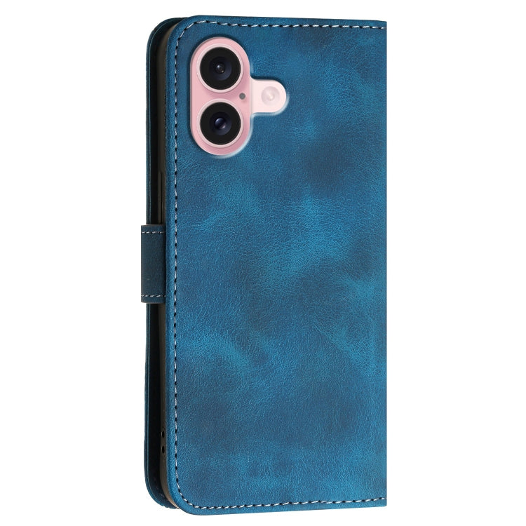 For iPhone 16 YX0080 Grid Butterfly Embossed Pattern Flip Leather Phone Case with Lanyard(Dark Blue) - iPhone 16 Cases by buy2fix | Online Shopping UK | buy2fix