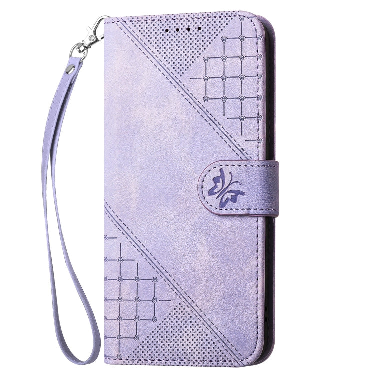 For iPhone 16 YX0080 Grid Butterfly Embossed Pattern Flip Leather Phone Case with Lanyard(Light Purple) - iPhone 16 Cases by buy2fix | Online Shopping UK | buy2fix