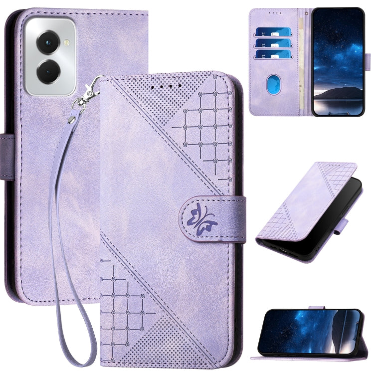 For Motorola Moto G Power 5G 2024 YX0080 Grid Butterfly Embossed Pattern Flip Leather Phone Case with Lanyard(Light Purple) - Motorola Cases by buy2fix | Online Shopping UK | buy2fix